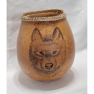 Hand Carved Painted Wolf Gourd Bowl Vase Braided Rope Native Indigenous Art 9"